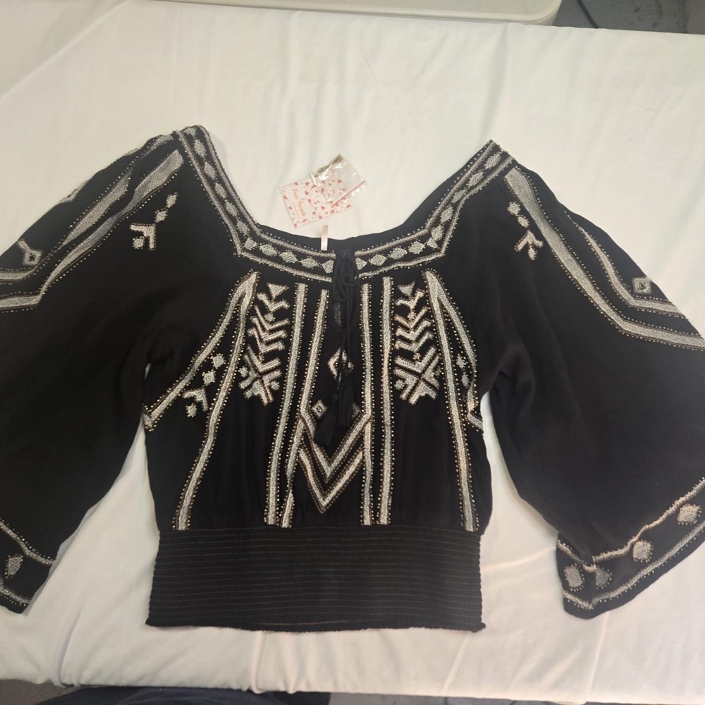 Free People Black and White Embroidered Blouse